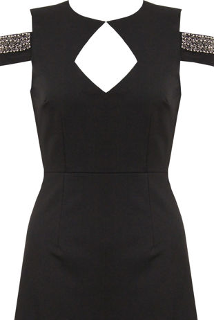 Black Cut Out Shoulder Gem Dress