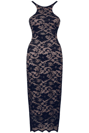 Navy Floral Lace & Nude Muscle Back Midi Dress