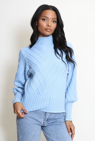 Blue High Neck Wool Blend Jumper