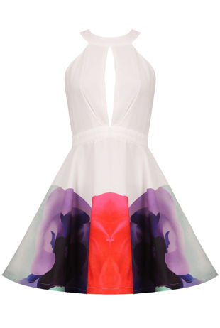 White Floral Print Cut Out Flared Dress