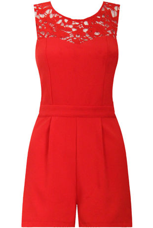 Crochet Insert Playsuit In Red