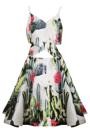 Cream Cactus Print Cross Over Front Cut Out Dress