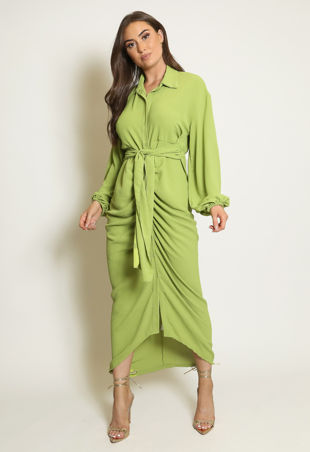 Green Tie Waist Ruched Shirt Dress