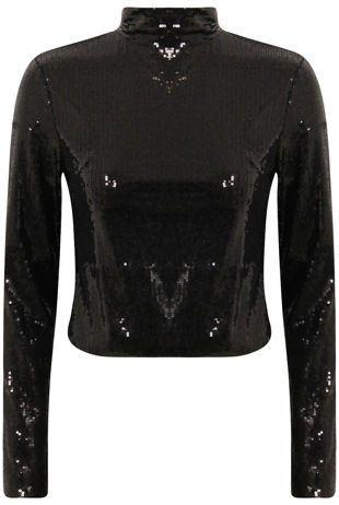 Black Sequin Turtle Neck Cropped Zip Top
