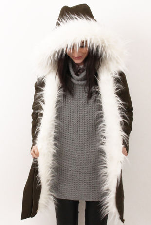 Khaki with Cream Faux Fur Fleece Lined Parka 