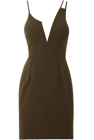 Khaki Front Low Neck Back Zip Up Fitted Dress