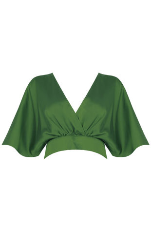 Green Satin Cross Over Back Tie Up Tops