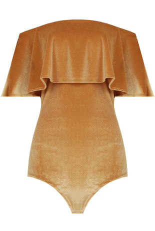 Mustard Velvet Textured Off Shoulder Frill Bodysuit