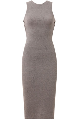 Grey Ribbed Side Lace Up Body Hugging Midi Dress