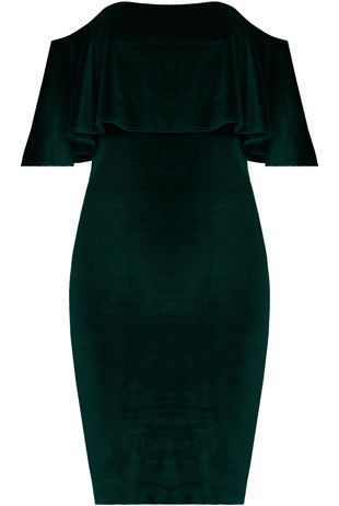 Green Velvet Textured Bardot Frill Bodycon Dress