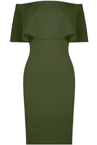 Off The Shoulder Frill Bodycon Dress In Khaki