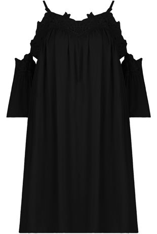 Black Embroidery Textured Cut Out Shoulder Day Dress 