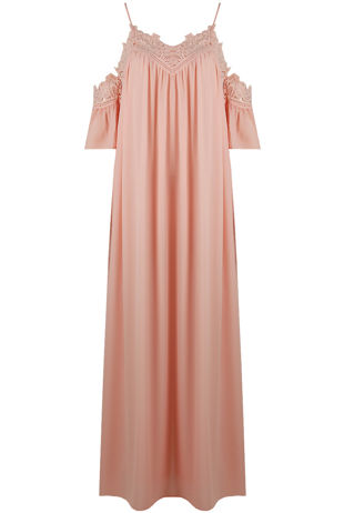 Pink Cold Shoulder Lace Trim Maxi Dress