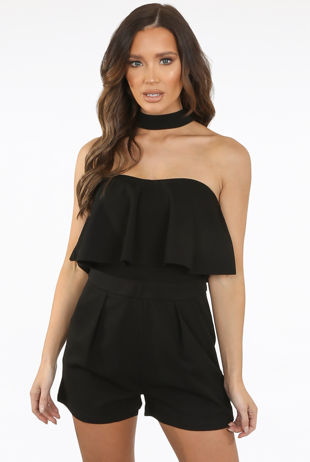 Choker Neck Frill Off The Shoulder Playsuit In Black