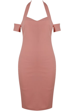 Pink Off Shoulder Halterneck Bodycon Dress 