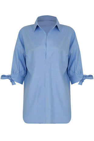 Blue Tie Up Sleeve Collared Top