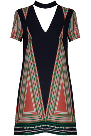 Navy Choker Neck Deep V Printed Shift Dress