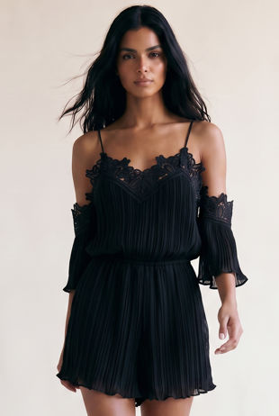 Pleated Lace Trim Cold Shoulder Playsuit In Black