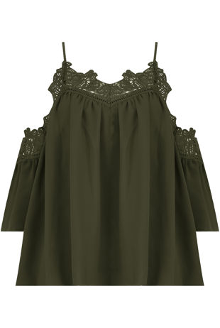 Khaki Embroidery Textured Cut Out Shoulder Tops