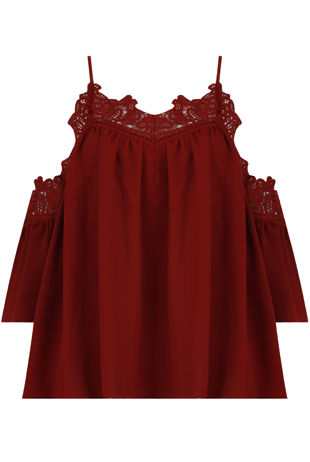 Burgundy Embroidery Textured Cut Out Shoulder Tops