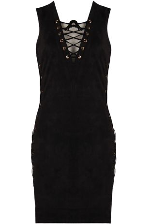 Black Suede Lace Tie Up Bodycon Dress