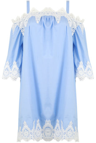 Blue Off Shoulder Embroidered Shift Dress
