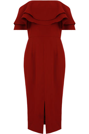 Off The Shoulder Double Frill Midi Dress In Wine