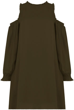 Khaki Cold Shoulder Back Button Up Shift Dress