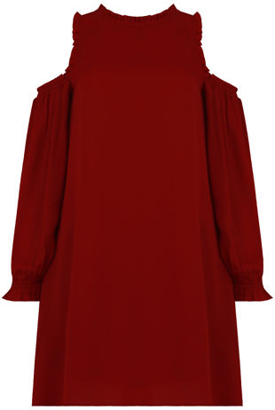 Wine Cold Shoulder Back Button Up Shift Dress