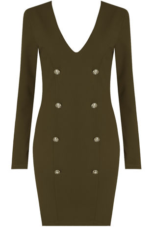 Khaki Long Sleeve Tuxedo Bodycon Dress