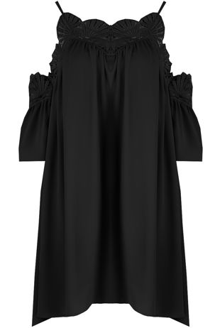 Black Embroidered Cut Out Shoulder Day Dress