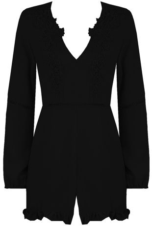 V-Neck Chiffon Playsuit With Crochet Detail In Black