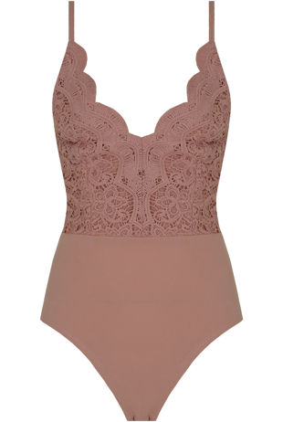 Scallop Edge Crochet Bodysuit In Pink