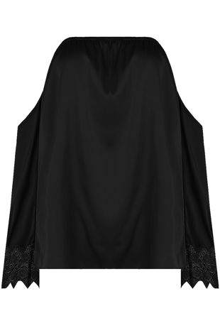 Black Satin Crochet Sleeve Off Shoulder Top