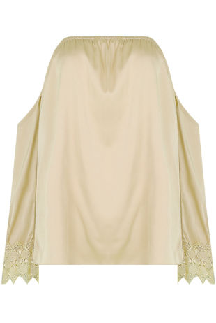 Beige Satin Crochet Sleeve Off Shoulder Top