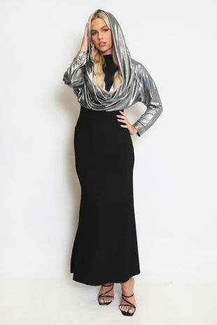 Silver Metallic Cowl Hooded Maxi Dress