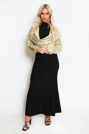 Beige Metallic Cowl Hooded Maxi Dress