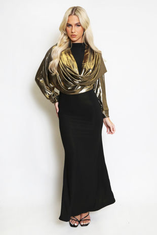Gold Metallic Cowl Hooded Maxi Dress