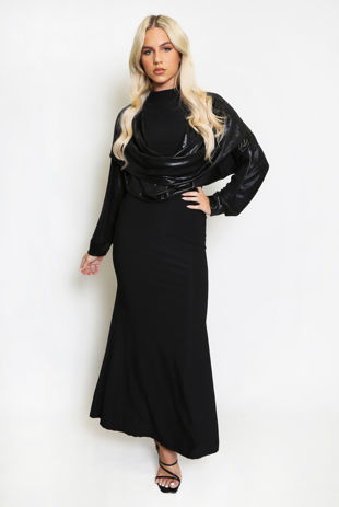 BLACK Metallic Cowl Hooded Maxi Dress