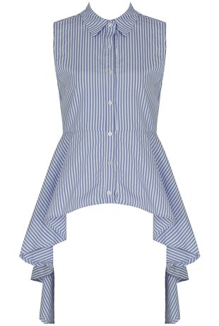 Blue Striped Front Button Up Asymmetric Top.