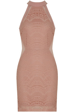 Crochet Lined Side Netted Bodycon Dress in Rose 