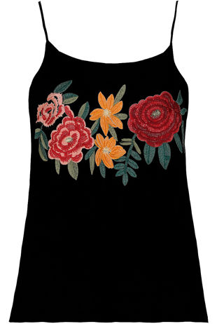 Black Contrast Flower Embroidery Tops