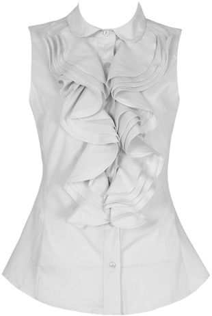 White Front Ruffle Button Up Collared Blouse