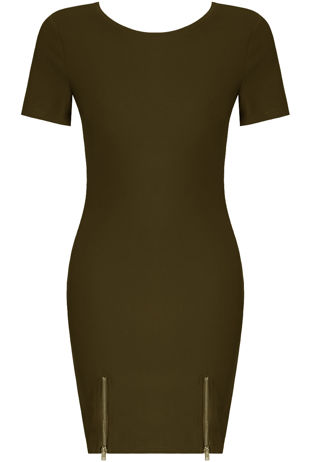Khaki Front Hem Zipped Bodycon Dress