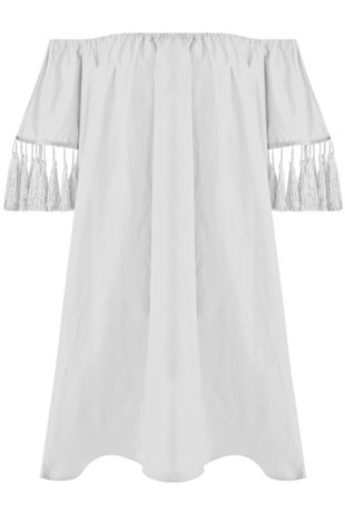 White Elasticated Off Shoulder Fringed Shift Dress