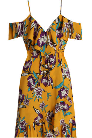 Mustard Floral Cross Over Ruffled Off Shoulder Dress