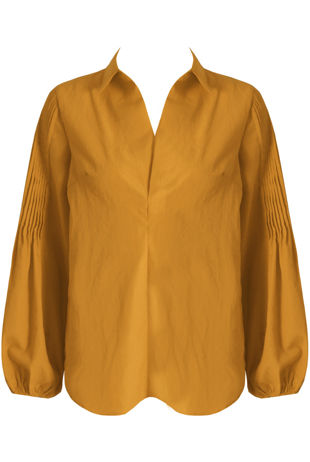 Mustard Front Low Neck Pleated Shirt Top