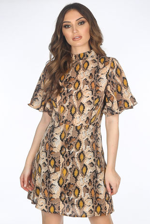 Taupe Reptile Print Mock Neck Skater Dress 