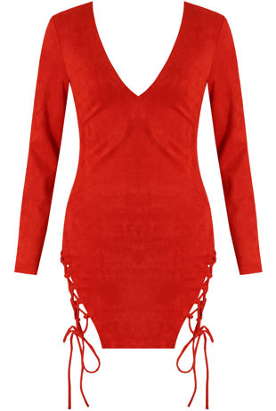 Red Sueded Side Tie Up Bodycon Dress