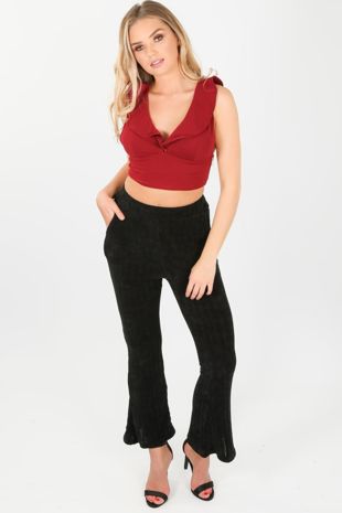 Wine Frill Front Crop Top With Cut Out